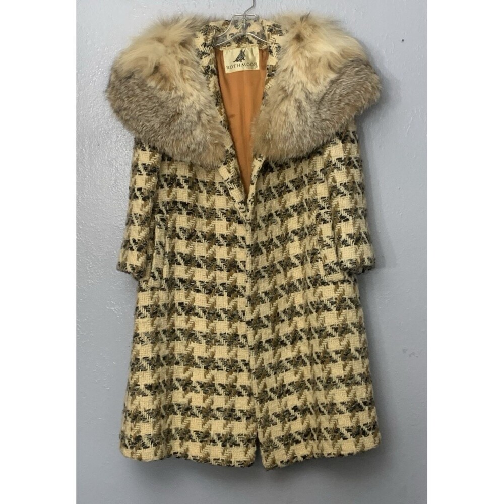 Vtg 70s Rothmoor Tweed Wool Coat Fur Collar Ivory Tapestry Classic Retro No Tag